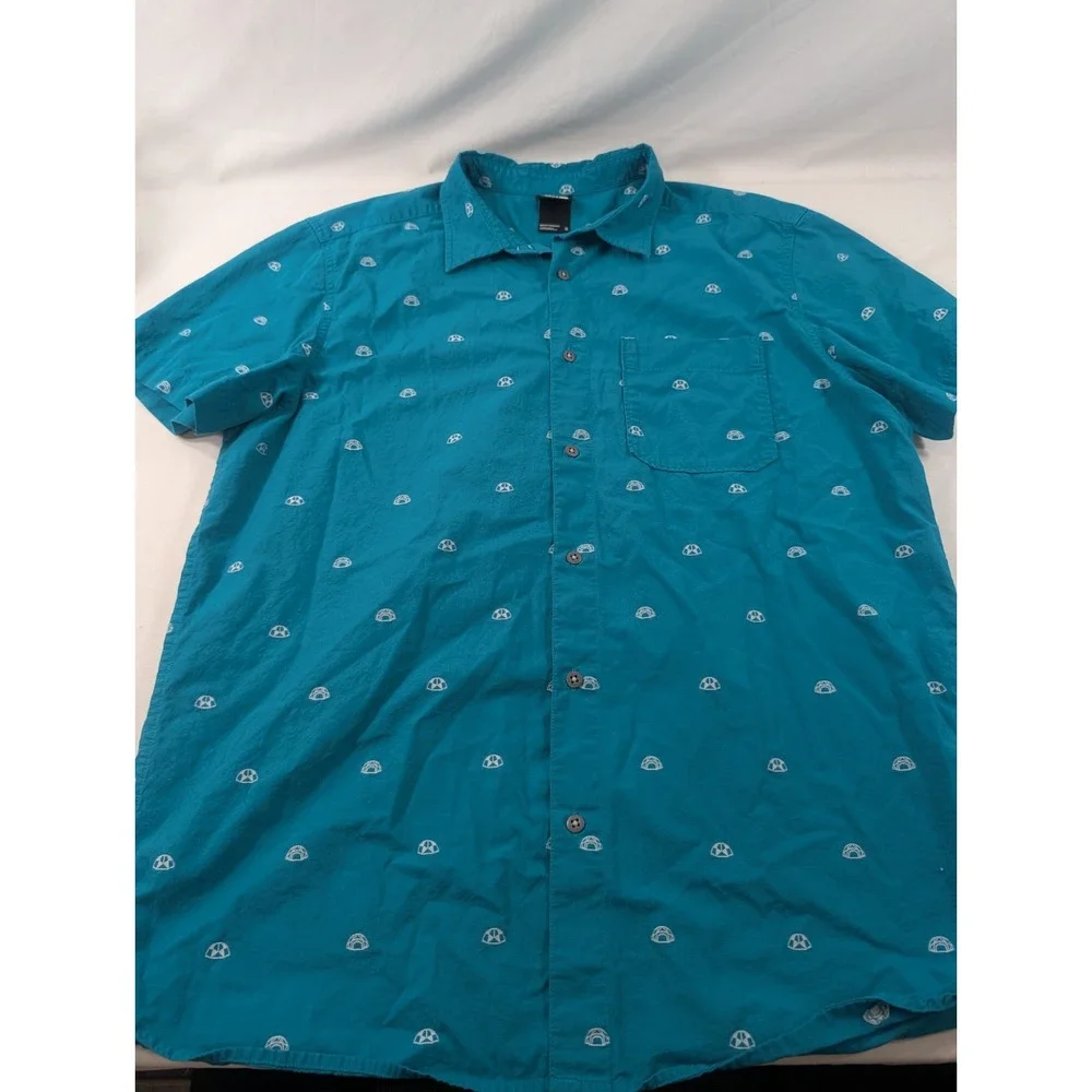 The North Face Button Up Shirt Mens XL Teal Blue AOP Geometric Short Sleeve